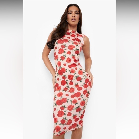 Boohoo Floral Print Frill Shoulder Midi Dress In White/Red Size 12 - Picture 4 of 8